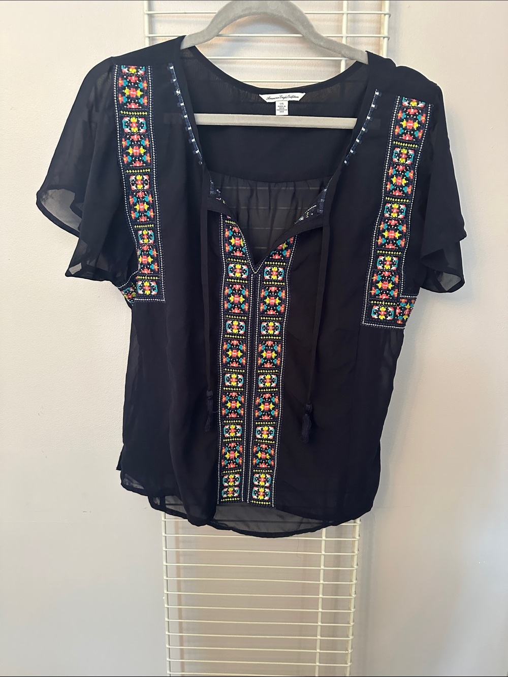 Mystery Brand Black Embroidered Peasant Top - Black with Multicolor Accents